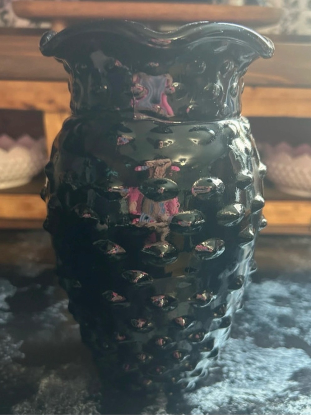Vintage L.E. Smith Black Amethyst Glass Hobnail Ruffled Vase 8"